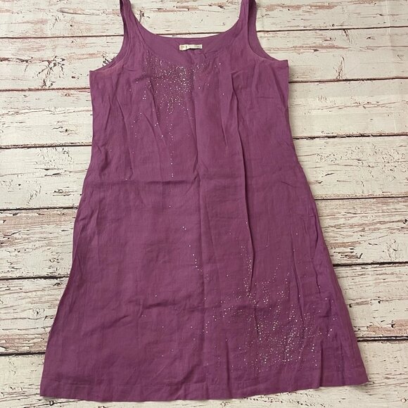 Eileen Fisher Tank Dress Womens 10 Sequins 100% Irish Linen Purple Scoop Neck - Picture 1 of 11